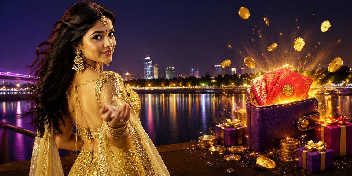 Ahmedabad riverfront by night showing VIP bonus themed promotions on l144