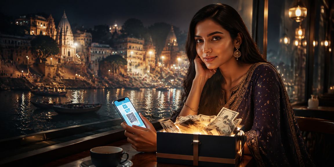 Man at Varanasi ghat using mobile to play lottery games online safely